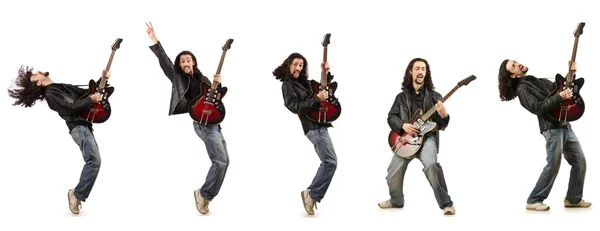 ホワイトで隔離された面白いギタープレーヤー — ストック写真