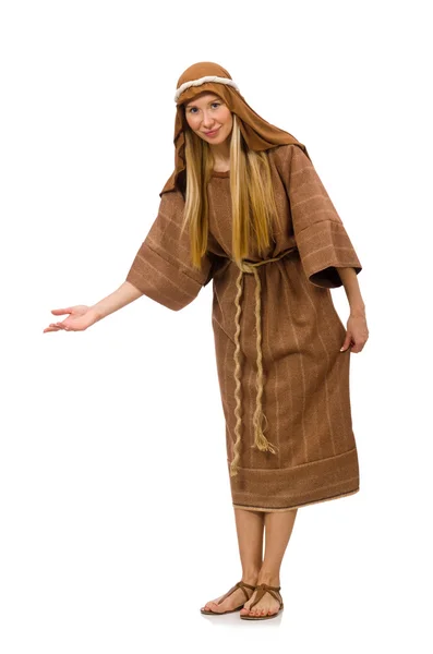 Женщина в средневековой арабской одежде на белом — стоковое фото