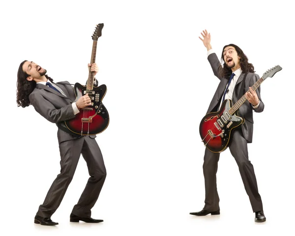 Funny guitar player isolated on white — Stock Photo, Image