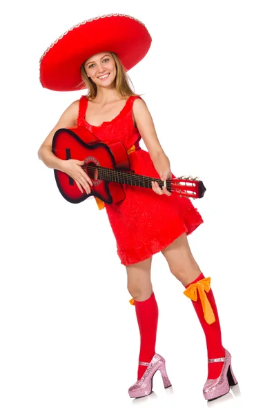 Mujer con sombrero tocando la guitarra en blanco —  Fotos de Stock