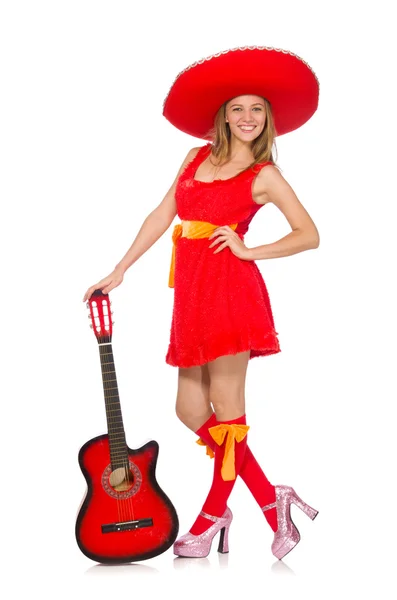 솜브레로 화이트에 기타를 연주와 함께 여자 — 스톡 사진