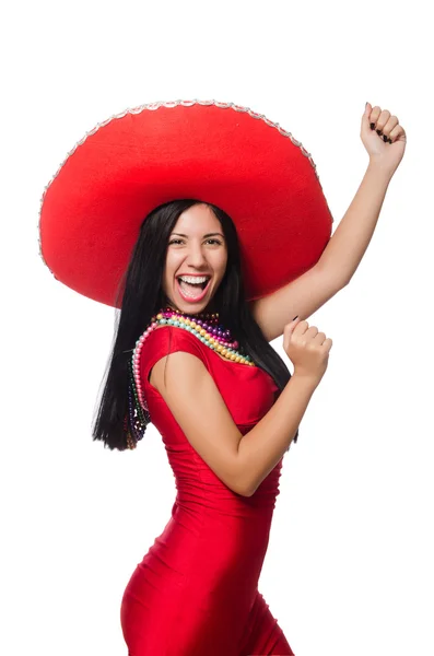 Kobieta w czerwonej sukience z sombrero — Zdjęcie stockowe