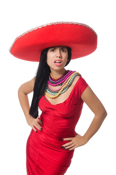 Donna in abito rosso con sombrero — Foto Stock