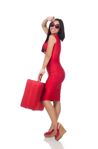 Mujer en vestido rojo con maleta en blanco —  Fotos de Stock