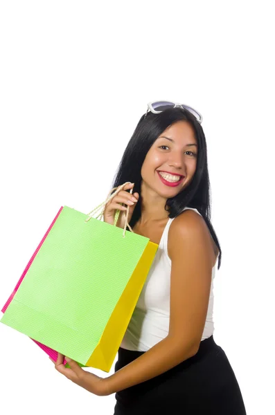 Nő bevásárló táskák fehér — Stock Fotó
