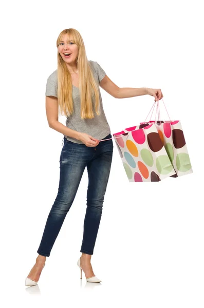 Donna con shopping bags isolata su bianco — Foto Stock