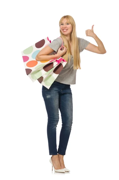 Mujer con bolsas aisladas en blanco —  Fotos de Stock