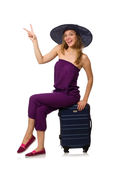 Woman with suitcase isolated on white — Stock Photo, Image