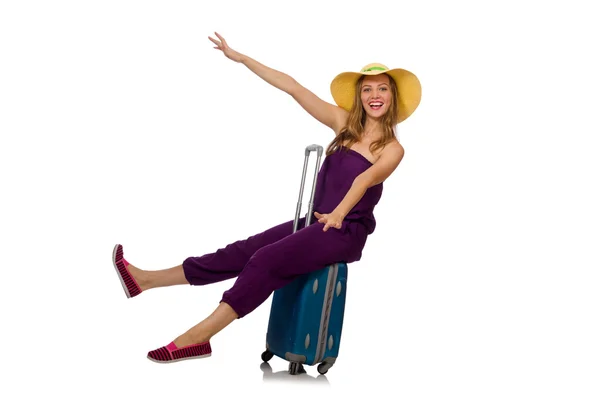 Vrouw met koffer geïsoleerd op wit — Stockfoto