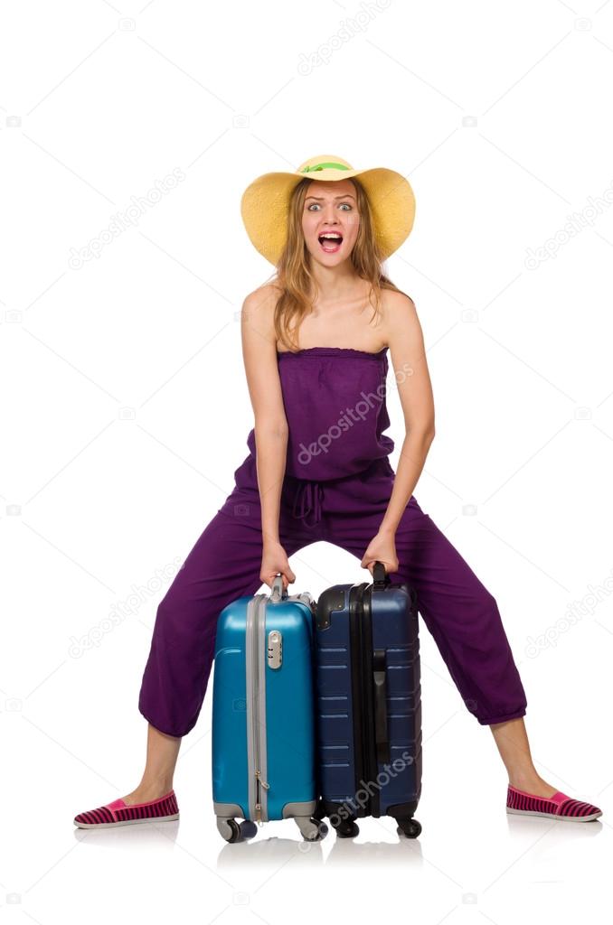 Woman with suitcase isolated on white