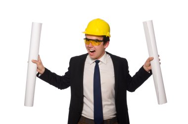 Beyaz üzerine çizimler yapan komik bir mimar.