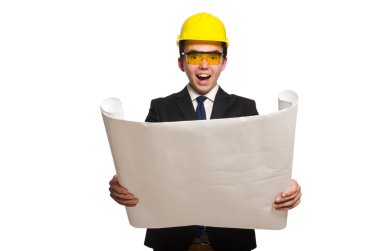 Beyaz üzerine çizimler yapan komik bir mimar.