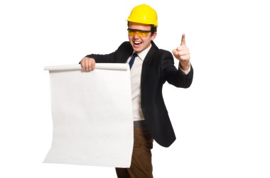 Beyaz üzerine çizimler yapan komik bir mimar.