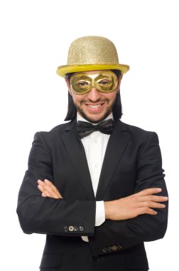 Beyaz maske takan komik bir adam.