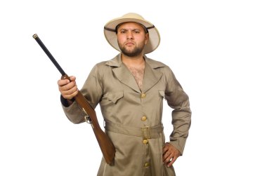 Safari avcısı beyazda izole edilmiş