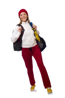 Komik öğrenci üzerinde beyaz izole sırt çantası ile