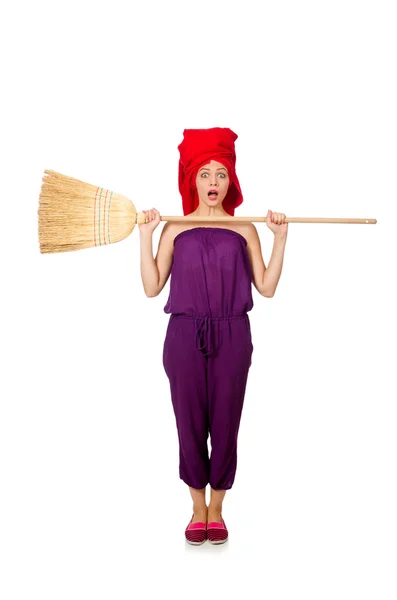 Housewife with broom isolated on white — Stock Photo, Image