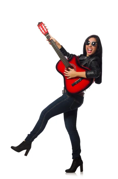 Mujer tocando la guitarra aislada en blanco —  Fotos de Stock