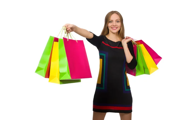 Donna con shopping bags isolata su bianco — Foto Stock