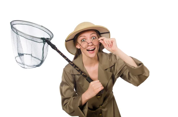 Donna che indossa un cappello safari sul bianco — Foto Stock
