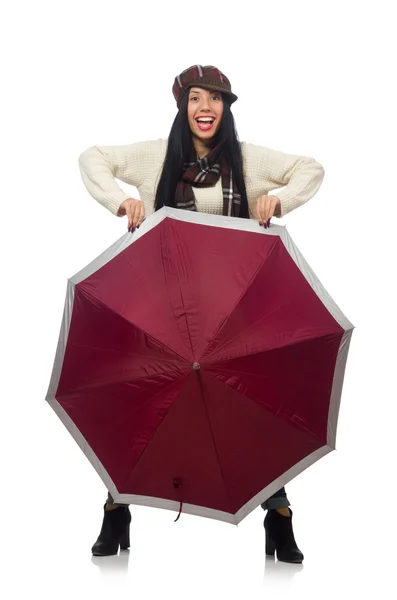 Femme avec parapluie isolé sur blanc — Photo