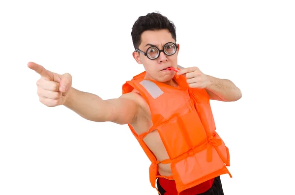 Grappige man draagt oranje veiligheidsvest — Stockfoto