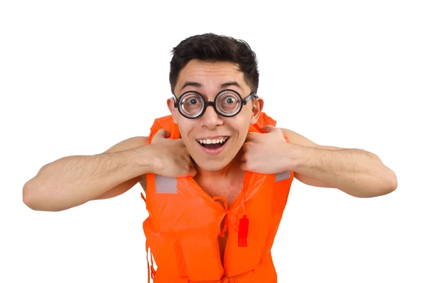 Hombre divertido con chaleco de seguridad naranja — Foto de Stock