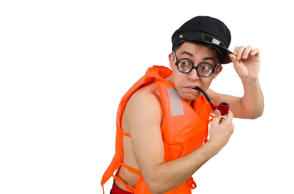 Grappige man draagt oranje veiligheidsvest — Stockfoto