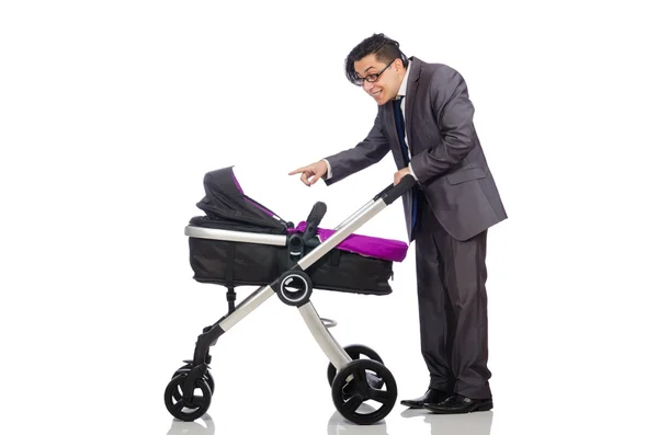 Funny dad with baby and pram on white — Stock Photo, Image