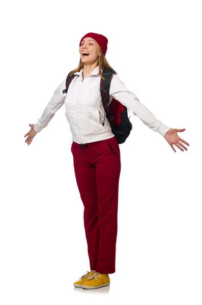Legrační student s batohem izolovaných na bílém — Stock fotografie