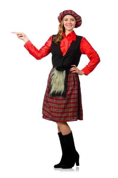 Funny woman in scottish clothing on white — Stock Photo, Image