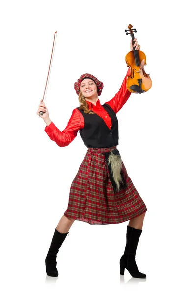 Mujer divertida en ropa escocesa con violín — Foto de Stock