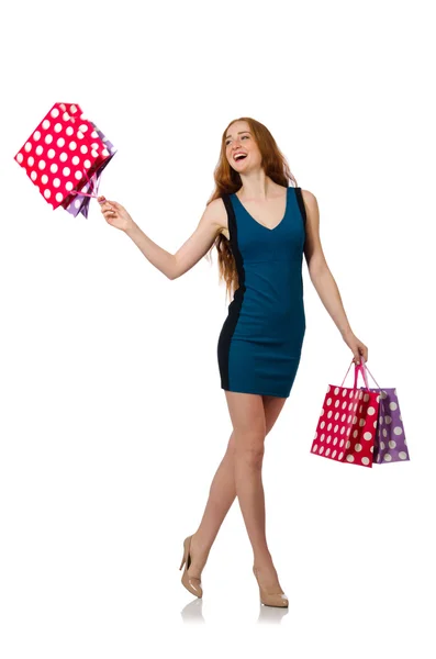 Donna con shopping bags isolata su bianco — Foto Stock