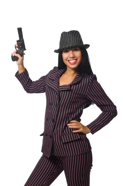 Femme gangster avec pistolet isolé sur blanc — Photo