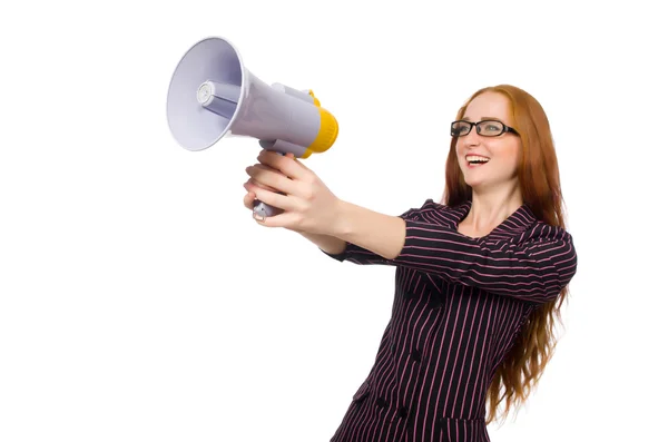 Jonge zakenvrouw met luidspreker op wit — Stockfoto