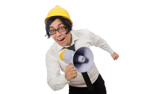 Construction worker in funny concept on white — Stock Photo, Image