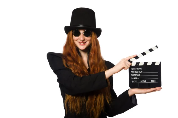 Vrouw met film board geïsoleerd op wit — Stockfoto