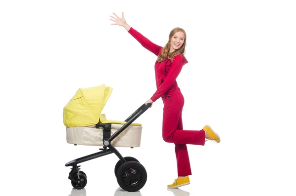 Vrouw met de kinderwagen geïsoleerd op wit — Stockfoto