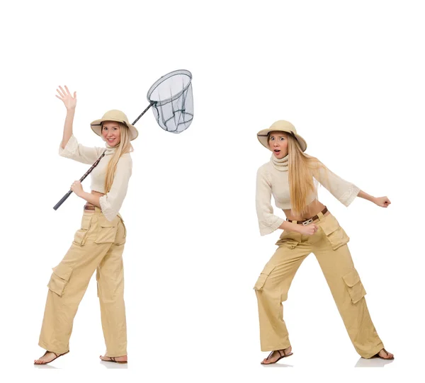 Woman with catching net on white — Stock Photo, Image