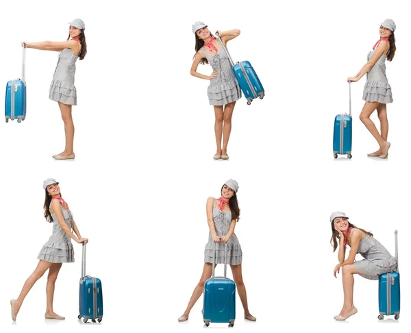 Mujer viajera con maleta aislada en blanco — Foto de Stock