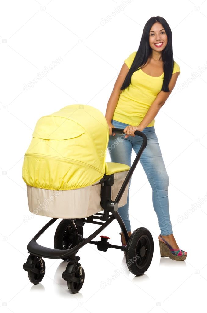 Woman with baby and pram isolated on white