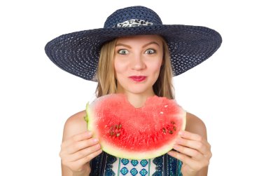 Karpuzlu kadın beyazda soyutlanmış.