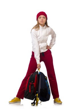 Komik öğrenci üzerinde beyaz izole sırt çantası ile