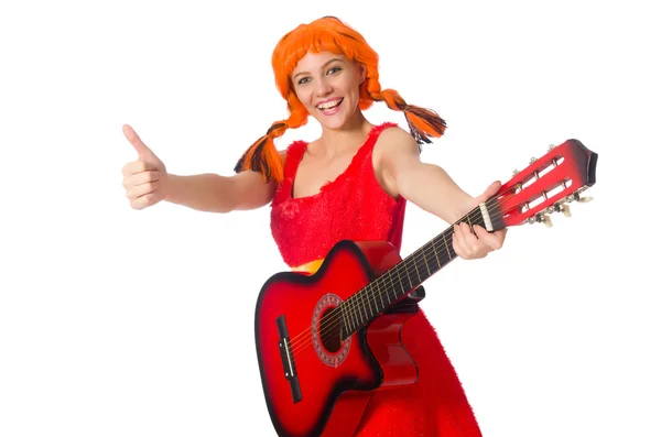 Gitar üzerinde beyaz izole kadın — Stok fotoğraf