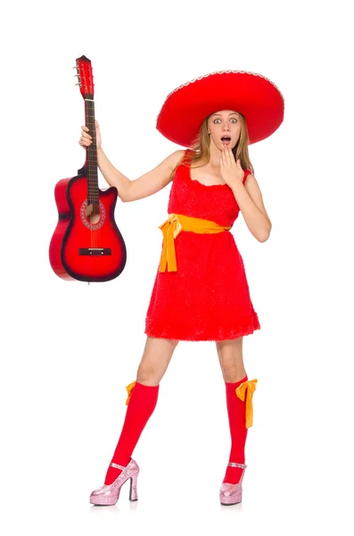Woman with sombrero playing guitar on white — Stock Photo, Image