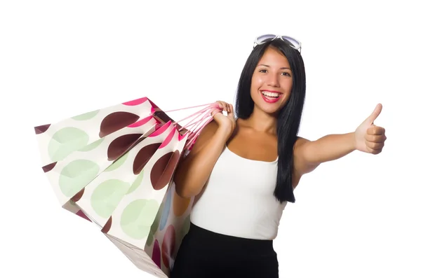 Γυναίκα με τσάντες για ψώνια σε λευκό — Φωτογραφία Αρχείου