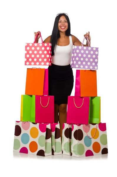 Mujer con bolsas de compras en blanco —  Fotos de Stock