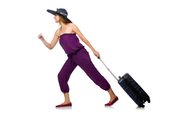 Woman with suitcase isolated on white — Stock Photo, Image