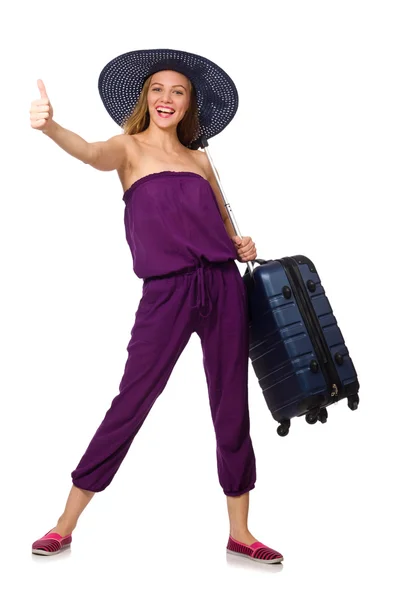 Женщина с чемоданом изолированы на белом — стоковое фото