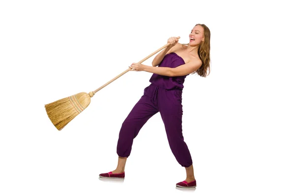 Housewife with broom isolated on white — Stock Photo, Image